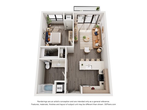 Floor plan for 1 bed, 1 bath, 726 sqft